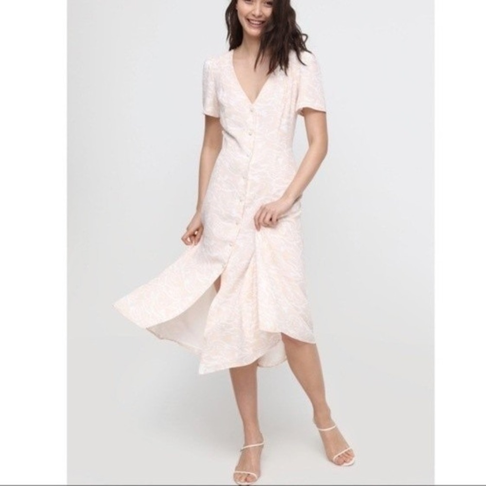 NWT Babaton Aritzia Elin A-line Modest Midi Dress Pink White Button Front Small